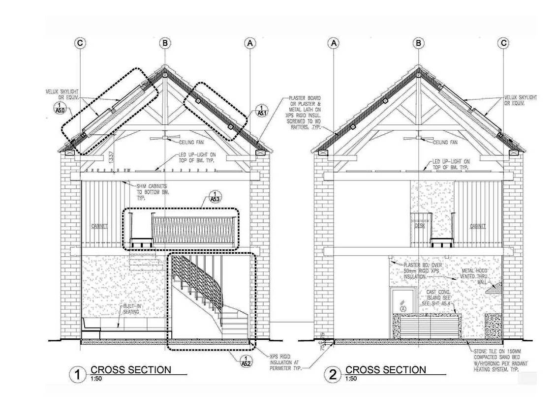 15th century barn conversion and renovation, section design drawing