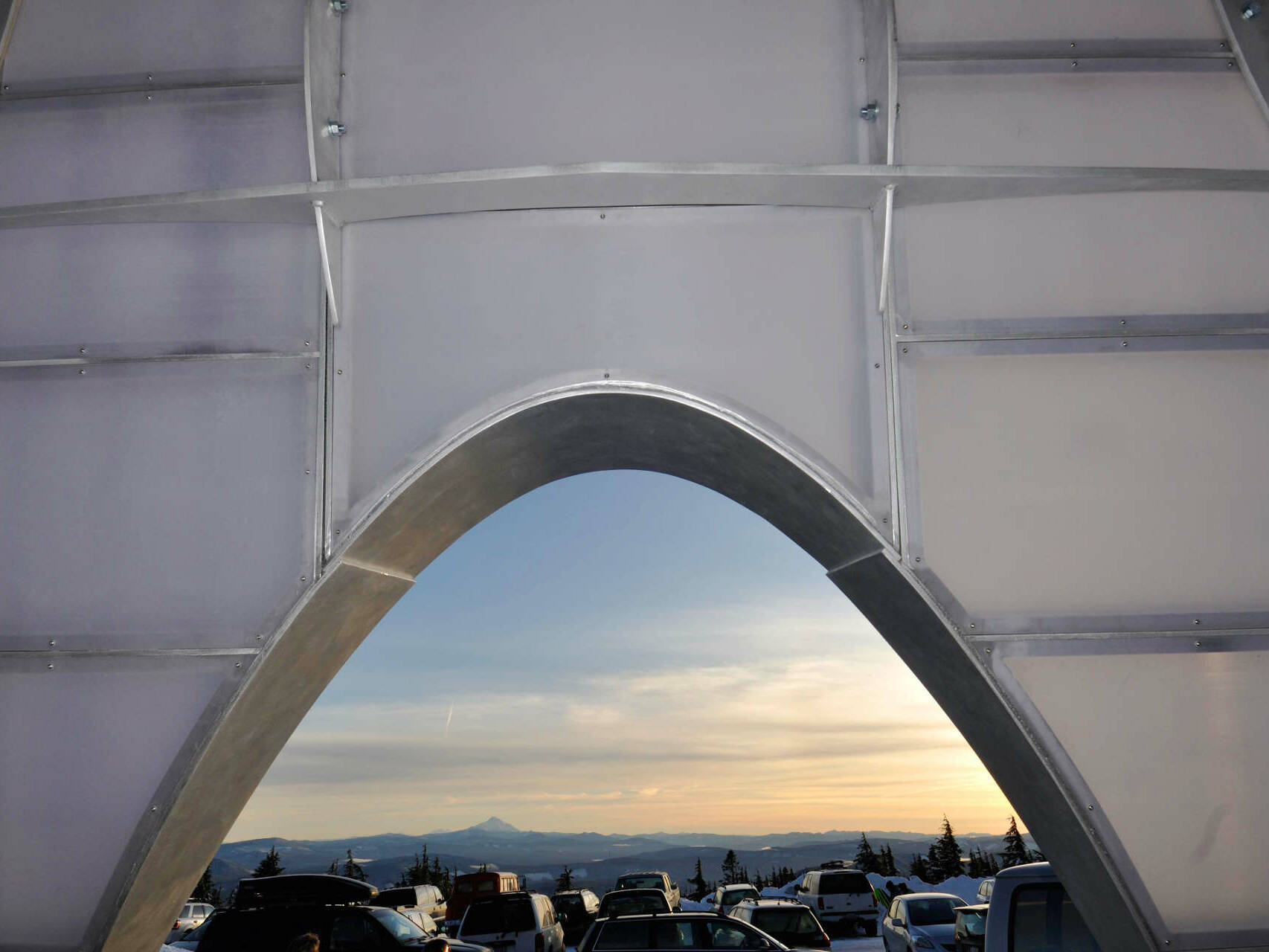 Winter Entrance parabolic doorway w view to Mt Jefferson