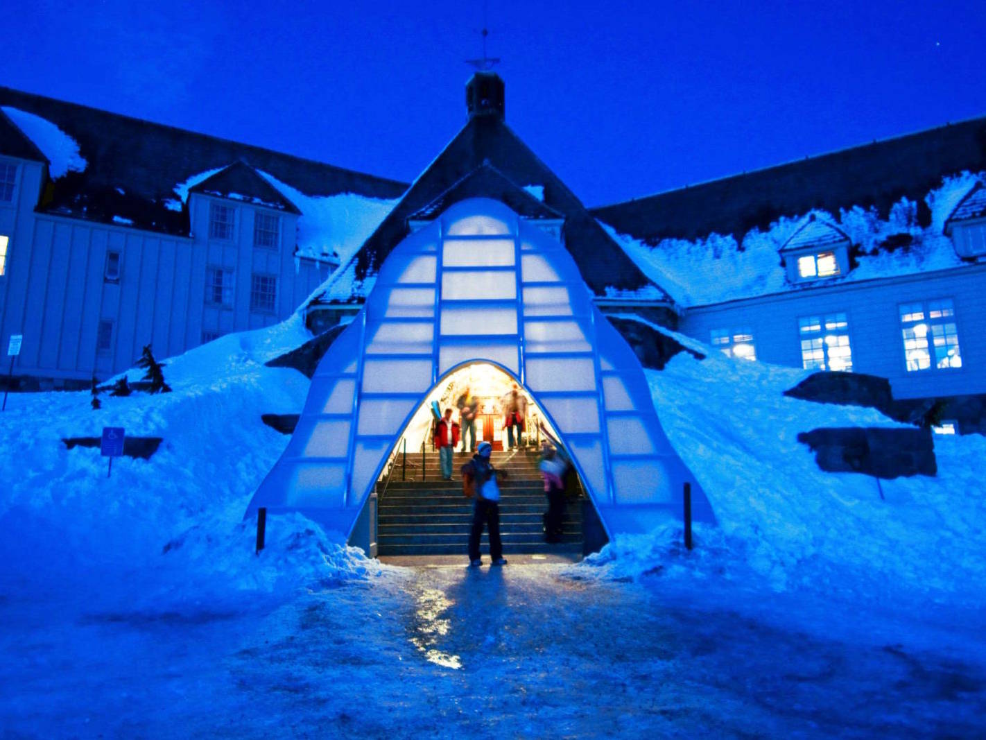 Timberline Lodge Winter Entrance with alpine winter glow