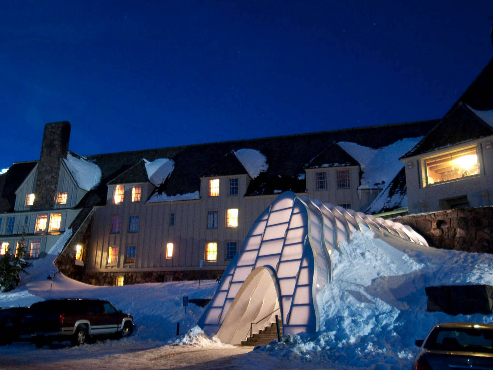 Timberline Lodge Winter Entrance a modular illuminated entry beacon