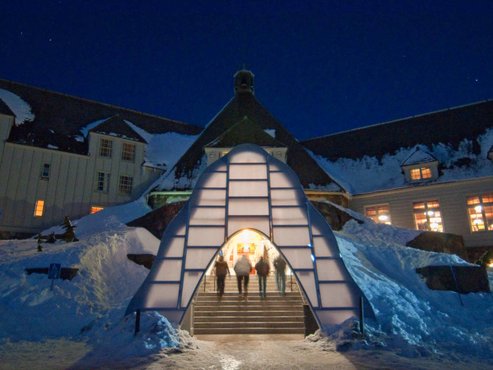 De-mountable Modular Winter Entrance to the Historic Timberline Lodge illuminated entry beacon