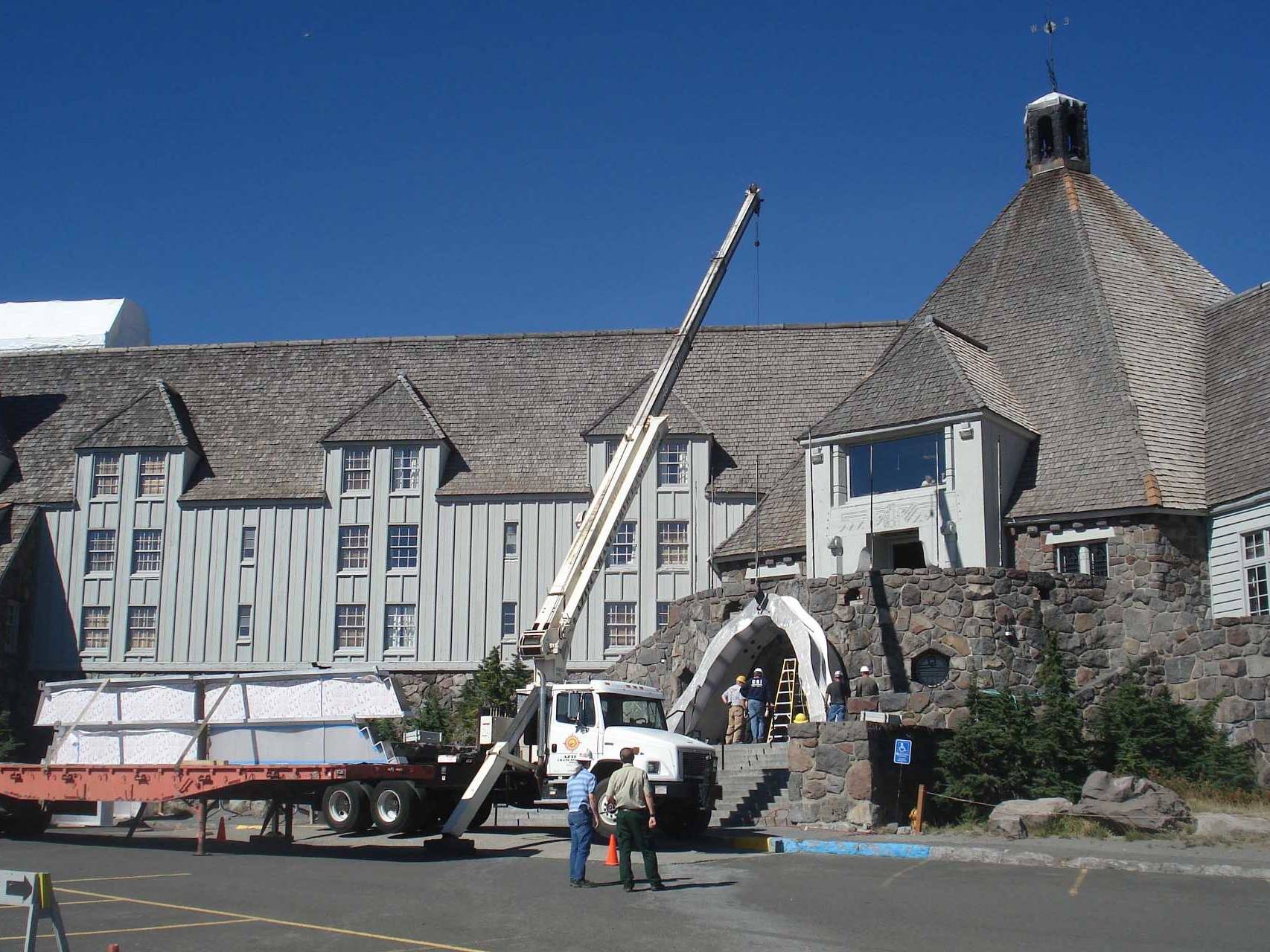 Timberline Lodge Winter Entrance first modular archway being installed in the Fall.