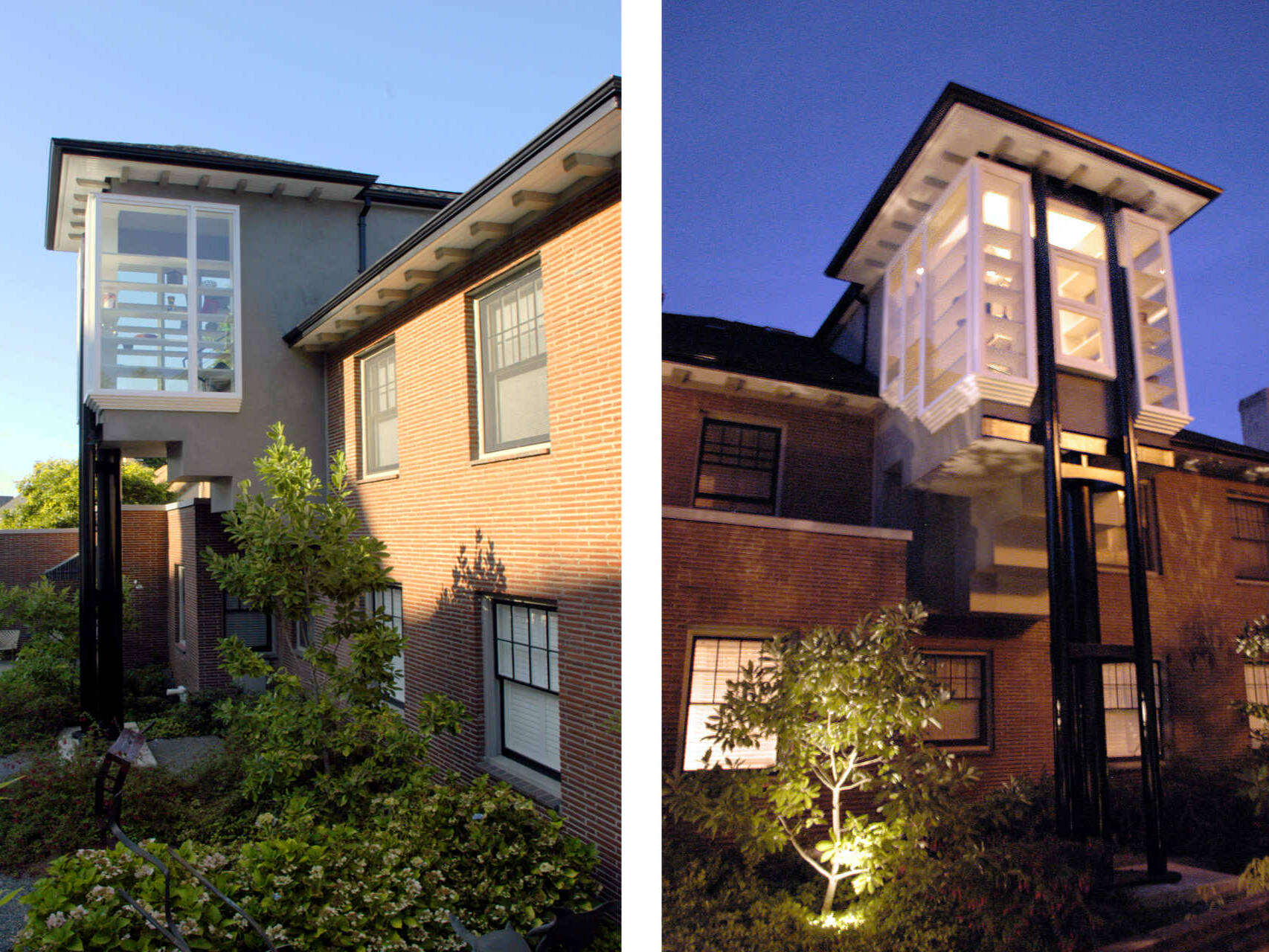 Stairwell exterior in day and at night