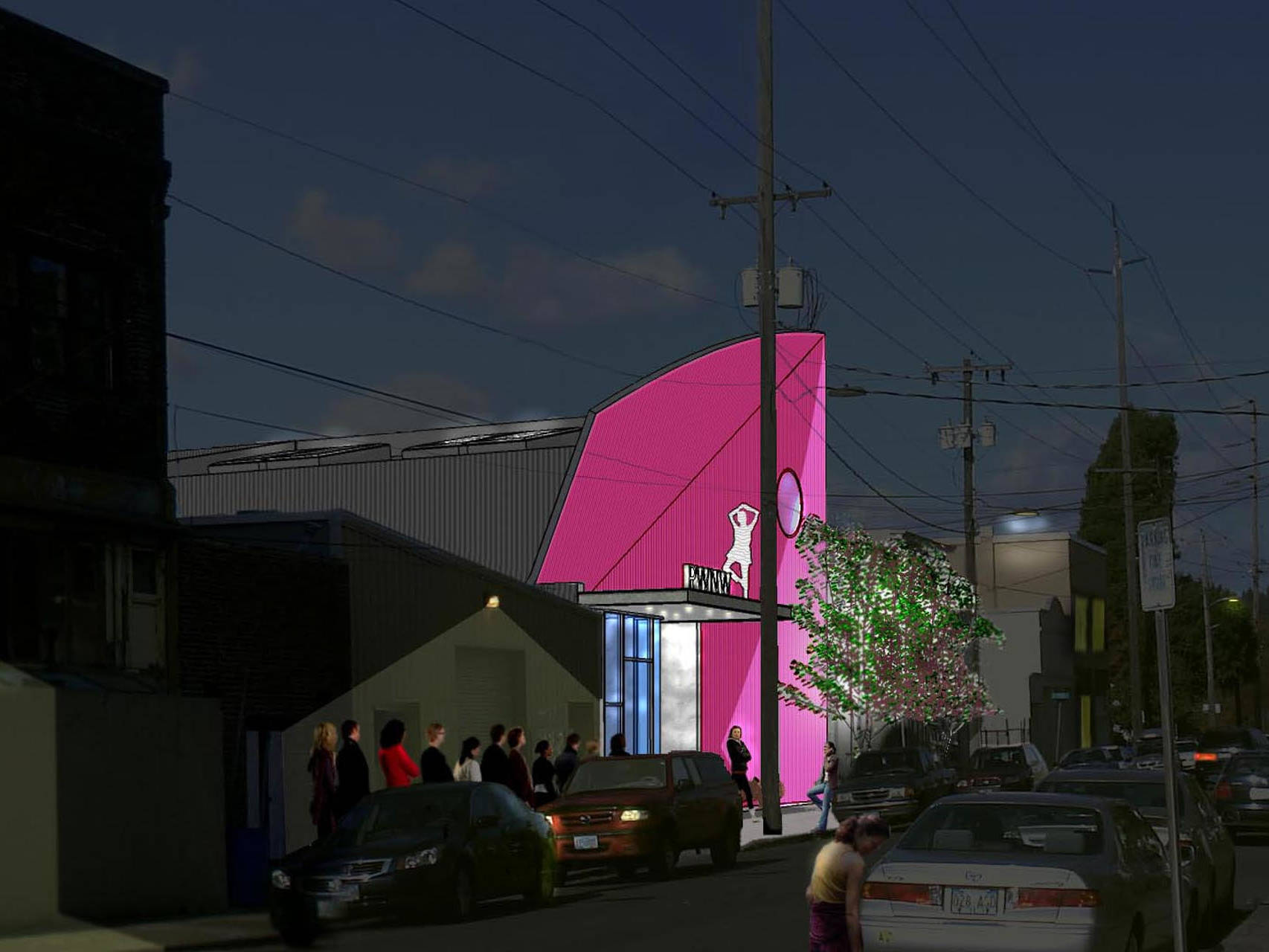 event rendering with pink lights on entry facade